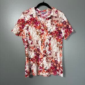 Karen Scott Women's Tan, Pink & Red Floral Pleated Button Up Top - Size Large